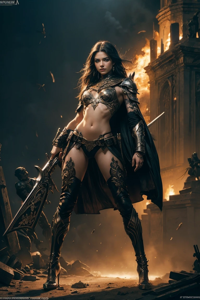 A full-body shot of Кетрин Винник в роли a strikingly beautiful goddess of war, combining the dramatic, dynamic style of Frank Frazetta with the sensual, detailed artistry of Luis Royo. She stands in a powerful pose, her armor intricately designed with mythical motifs, blending ferocity and grace. The background is a chaotic battlefield bathed in otherworldly light, highlighting her commanding presence.((крайняя деталь)),(ультрадетализированный), чрезвычайно подробные обои CG Unity 8k,Лучшее качество, шедевр