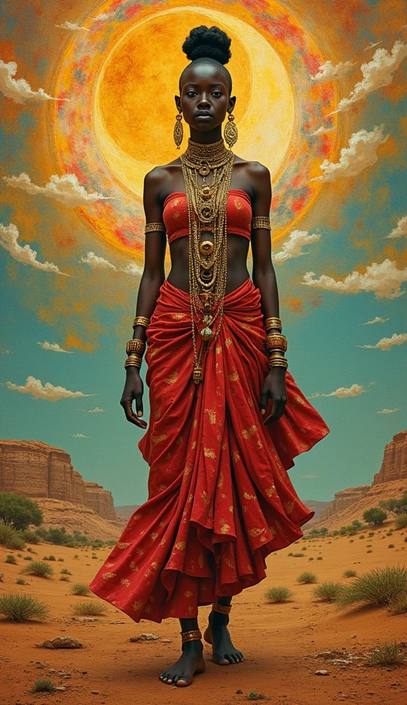 Yansa (female African goddess), ((Full body)), (((short hair or hairless))), stunning face , red, beige, and white clothes, (((tribal artifacts))), (((golden tatoo tribal))), Hard storming and wind effects, Paul Klee style, surreal masterpiece, octane rendering, focus, colorful background, detailed, intricate details, rich colors, barefoot,
