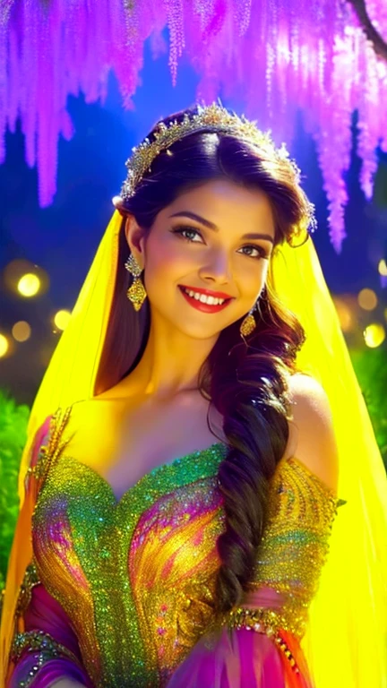 (a beautiful woman in a stunning gown of flowing silk with a radiant smile and captivating eyes),vibrant colors,highres,ultra-detailed,sharp focus,soft lighting,realistic,fantasy-inspired,portraits,subtle color palette,ethereal glow,fairytale,graceful,pastel shades,enchanted garden,lovely flowers,twinkling lights,whimsical ambiance