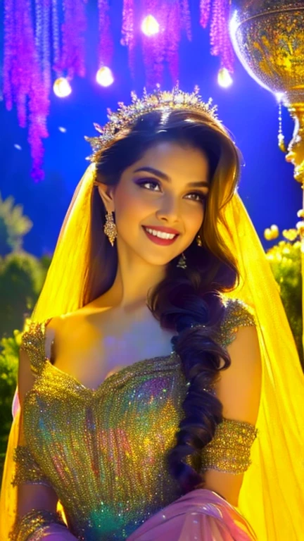 (a beautiful woman in a stunning gown of flowing silk with a radiant smile and captivating eyes),vibrant colors,highres,ultra-detailed,sharp focus,soft lighting,realistic,fantasy-inspired,portraits,subtle color palette,ethereal glow,fairytale,graceful,pastel shades,enchanted garden,lovely flowers,twinkling lights,whimsical ambiance