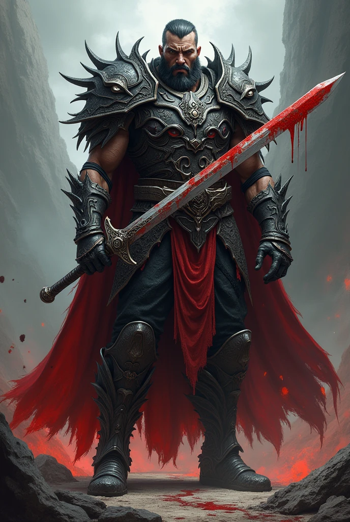 A guy wearing a blood longsword with hellhound armor 