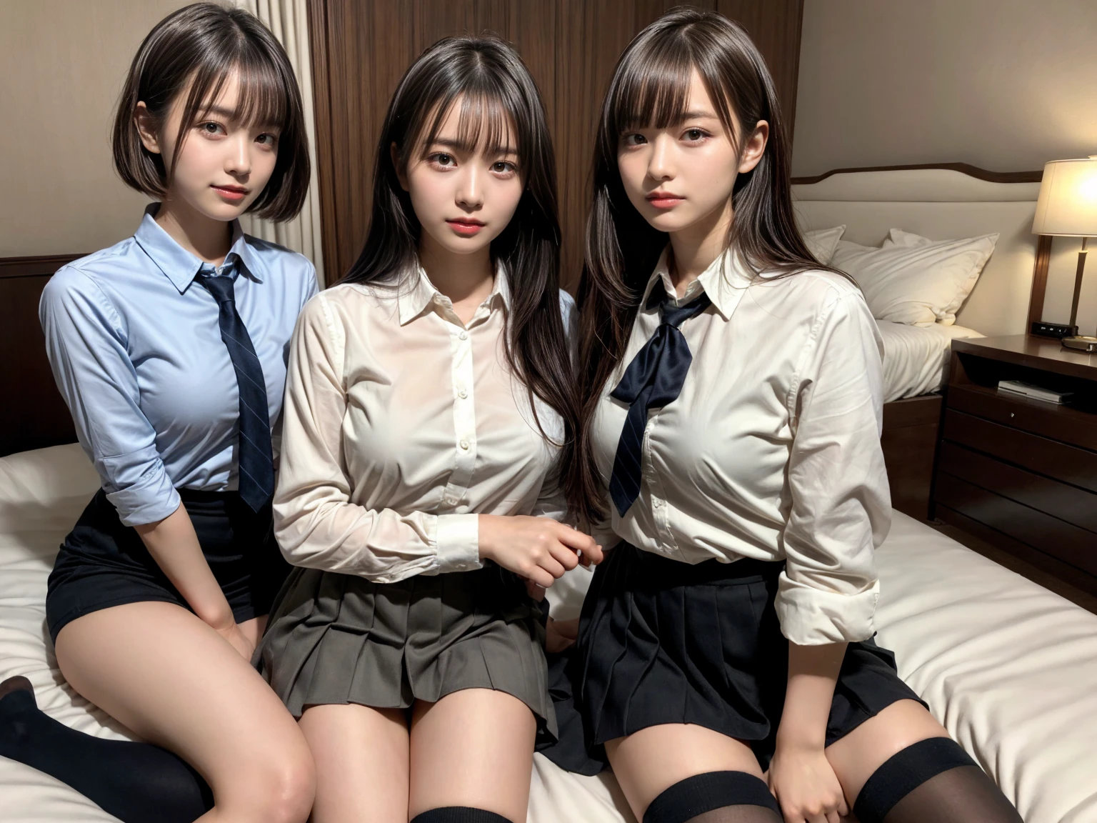 masterpiece, best quality, illustration, Super detailed, fine details, High resolution, 8K,wall paper, perfect dynamic composition,(Details High quality, realistic depiction of eyes:1.3), (3 girls), (collared shirt:1.1), pleated skirt, knee high socks, sitting, open legs, short bob hair, in a hotel room in the background, deep on field, large breasts, black hair color, Big Natural Color Lip, (perfect body shape), crying a little、Harajuku style、20 year old girl、cute type、beautiful legs, Gravure Idol