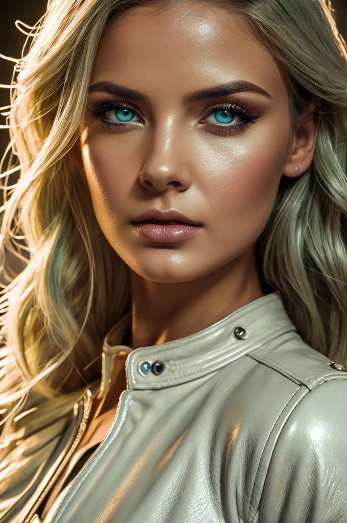 fallen angel woman, light skin, green eyes, ash golden hair, wearing a white dress and a cool leather jacket, beautiful detailed eyes, beautiful detailed lips, extremely detailed eyes and face, long eyelashes, portrait, fantasy, digital painting, concept art, cinematic lighting, dramatic, chiaroscuro, highly detailed, 8k, photorealistic, sharp focus, vibrant colors, dramatic lighting, ethereal, angelic