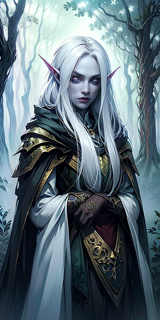 masterpiece, best quality, CG, wallpaper, HDR, high quality, high-definition, extremely detailed, white skin, elf, pale skin, grey skin, pointy ears, cape, looking at viewer, 1girl, forest, dark forest, mythical forest, dimmed light, White eyes, long hair, bard, bard character