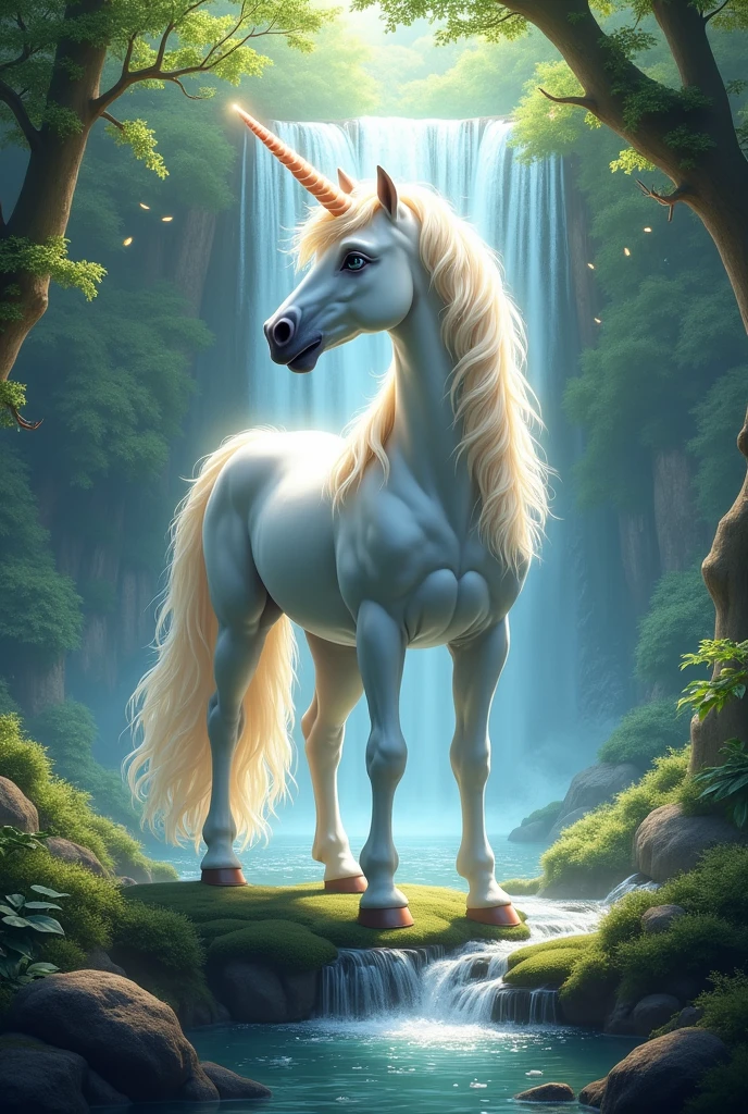 A unicorn in an enchanted forest next to a sparkling waterfall