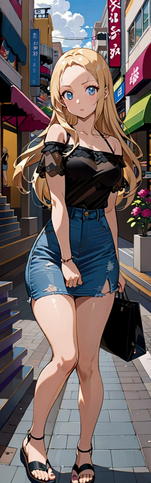 realistic anime illustration of pretty blonde long hair woman is waiting bus at shopping district, (+forehead), she wearing black short sleeve off-shoulder, blue denim pencil mini skirt, black sandals, (front view, looking at viewer), (masterpiece, best quality, japanese anime style), (expressive eyes, perfect face)