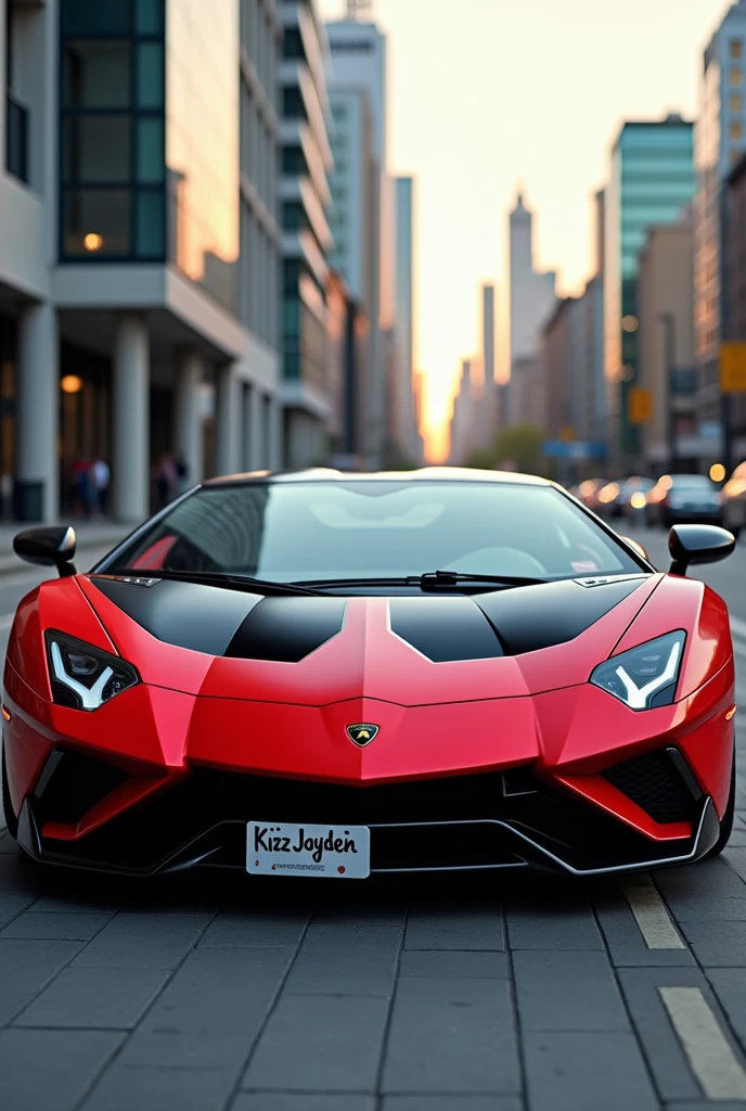create an amazing red and black lamborghini car,with a plate number written Kizz Jayden