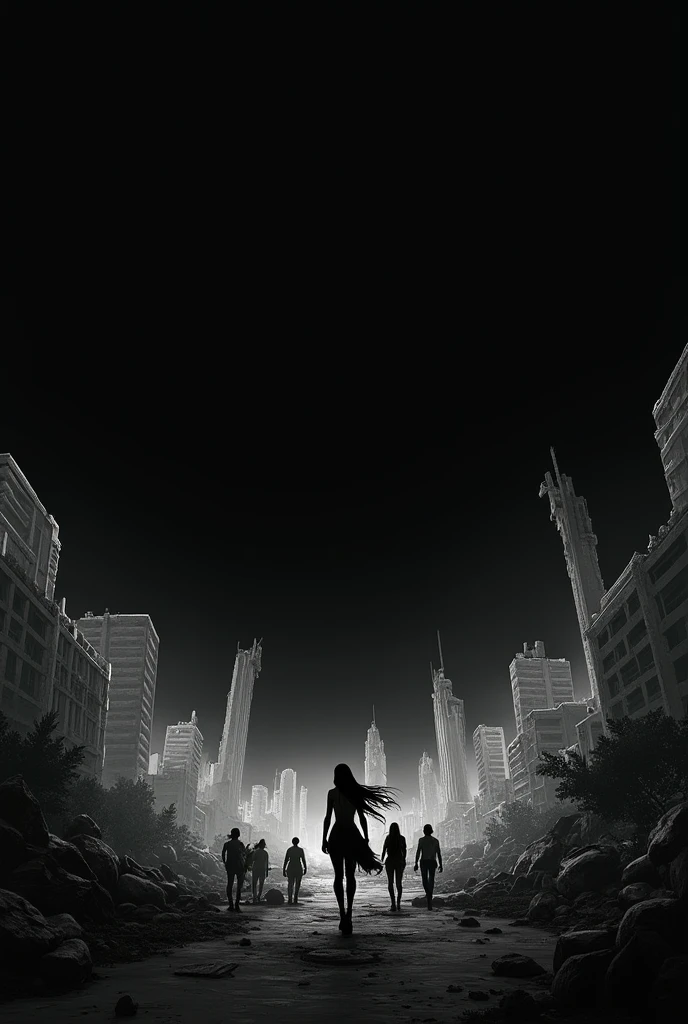 I want a photo of a destroyed city with the color black with the character she has long hair in front 4 people on her side little vegetation