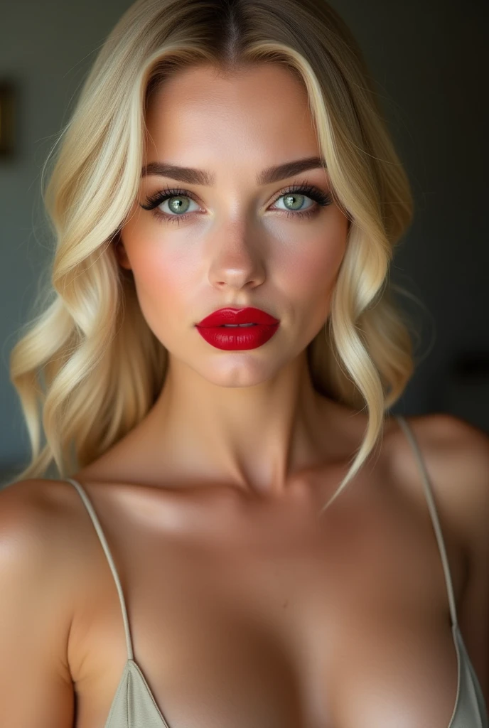 cleavage blonde hair big green eyes forehead is slightly arched, giving my face a distinctive shape. It flows seamlessly into my high, defined eyebrows. The bridge of my nose is straight and symmetrical, leading up to a pointed tip. My nostrils are small and delicate, adding character without being overwhelming. My cheekbones are prominent, highlighting my large, round eyes even further. My jawline is strong and defined, giving my face a masculine edge despite its feminine features. My neck is long and graceful, flowing effortlessly into my shoulders. Russian women big pumped lips red lipstick super big fake lips super size lips 45 Russian silicon face model, I have naturally developed some fine lines and wrinkles around my forehead. These imperfections only serve to make me appear more human and relatable. They give my face character and depth, contrasting beautifully against my otherwise flawless complexion. Despite these signs of wear, my overall appearance remains striking and irresistible. cleavage super glossy face Plus Size Elegant Bodycon Cami Dress - Backless, Strapless, Medium Stretch Polyester Fabric, Solid Color, Hand Wash Only - Perfect for Spring, Summer, Fall Season