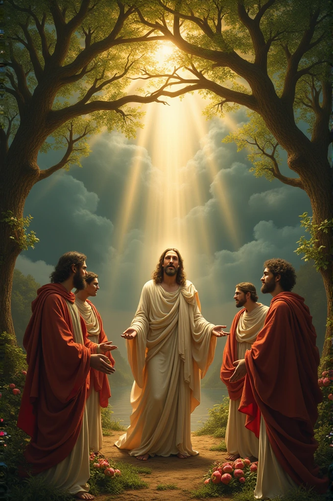Create an image, with the title of his sermon, la condamnation par représentation. Let this title be clear and precise..
Que cette image soit l'affiche, which translates the peach tree of the Garden of Eden and the redemption by Christ. Add the theme of hope.