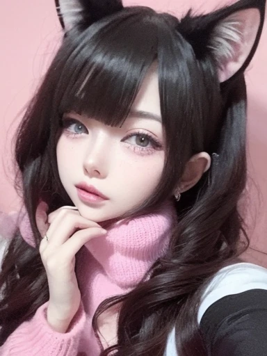 Create a highly detailed and realistic illustration of Catwoman (Cat girl). Characters should have large, expressive eyes，With a little anime style, The freckles on her cheeks, And soft makeup. Her hair should be a mix of dark purple and pink, Slightly messy but charming, Cat ears sticking out from the top. She should be wearing traditional Japanese clothing with intricate patterns，Wearing a red string necklace. The overall style should combine reality and fantasy.