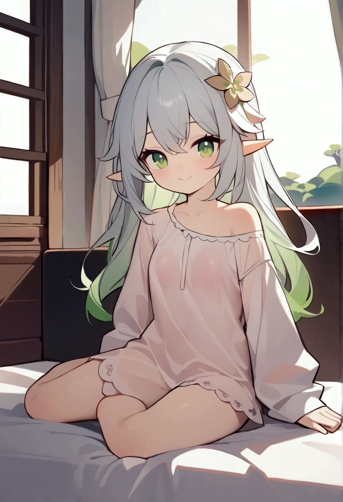 (masterpiece), (best quality), illustration, Extremely detailed, HDR, Depth of Field, (rich and colorful),artist:Chen Bin,artist:Tianliang Duohe Fangdongye,[[artist:WLOP]],artist:ask (askzy), 1girl, Solitary, Long hair, (small_girl:1.2),(small:1.1),bright_student,1girl, Solitary, ,elf girl,Pointy_ear, Smile,(Red Cliff:0.1), White hair,Green Hair,Green Eyes,symbol-shaped student, Bangs, breast,cross-shaped student, Hair accessories, Gradient hair, Nashida (Genshin Impact),living room, Duck sitting, Sitting on the bed,Plush Toys,Rabbit toys,Black Cat,Books on the bed,pajamas,See through clothes,Show one shoulder,barefoot,