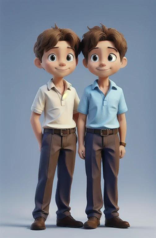 Two twin brothers hugging with brown hair smiling with simple blue blouse and white image background