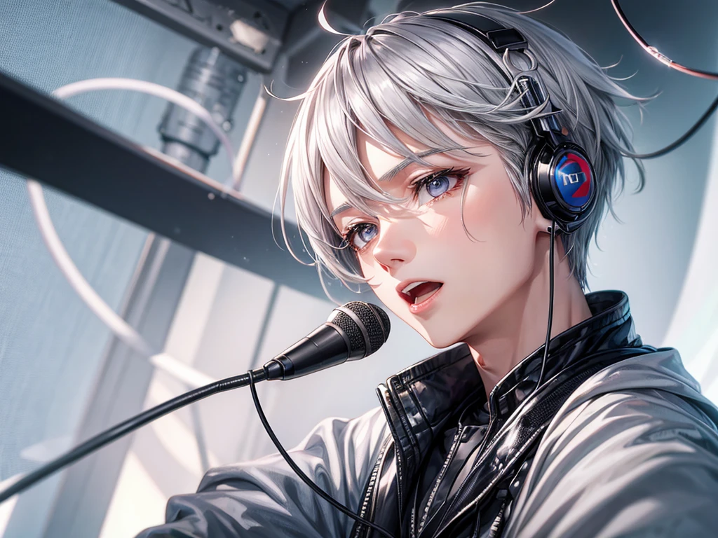 Silver Hair Short、Man with slanted eyes、sing、microphone、headphone、Earrings