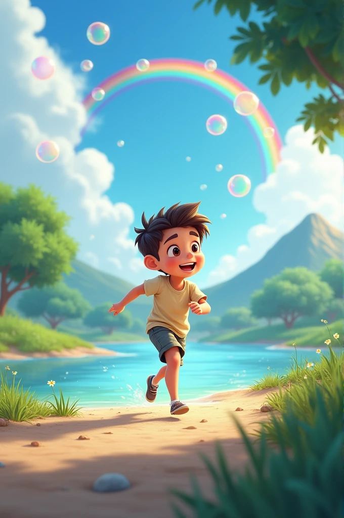 (Counterfeit-V3.0) a ，smiling happily，Big eyes and small nose，Running happily by the river，high-definition，4k, OC rendering，high-definition，Bubbles，There are rainbows in the sky，There is a small mountain in the distance，short sleeves，shorts