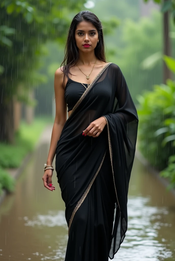 a beautiful girl walking in garden and she wearing topless and low west black saree and she is fully get dranced in rain and her boobs are so tight in blouse