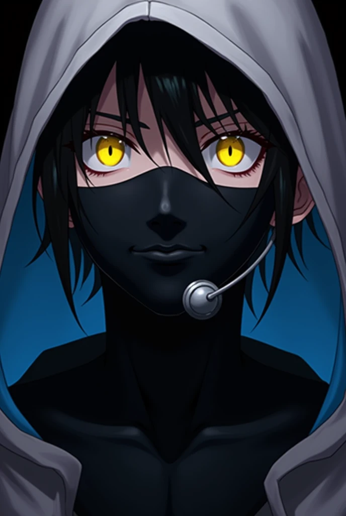 male character with yellow eyes and black face, with hood, mask and headset. black and blue colors.