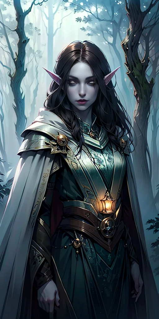 masterpiece, best quality, CG, wallpaper, HDR, high quality, high-definition, extremely detailed, white skin, dark hair, elf, pale skin, grey skin, pointy ears, cape,  looking at viewer, 1girl, forest, dark forest, mythical forest, dimmed light, White eyes, long hair, bard, bard character