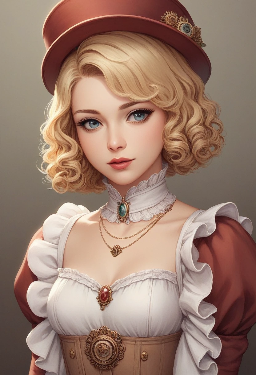 close, Straight blonde short curly hair child girl little red hat, Necklace Watches, (Victorian era), ((steampunk)), photograph, worked, elegant, Scrupulous, grow, Maximum details, Extremely aesthetic, Exquisitely crafted, Lots of gear, Old town background