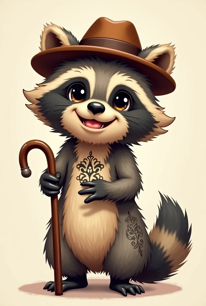 Cute raccoon with hat and cane haslo with tattoo design