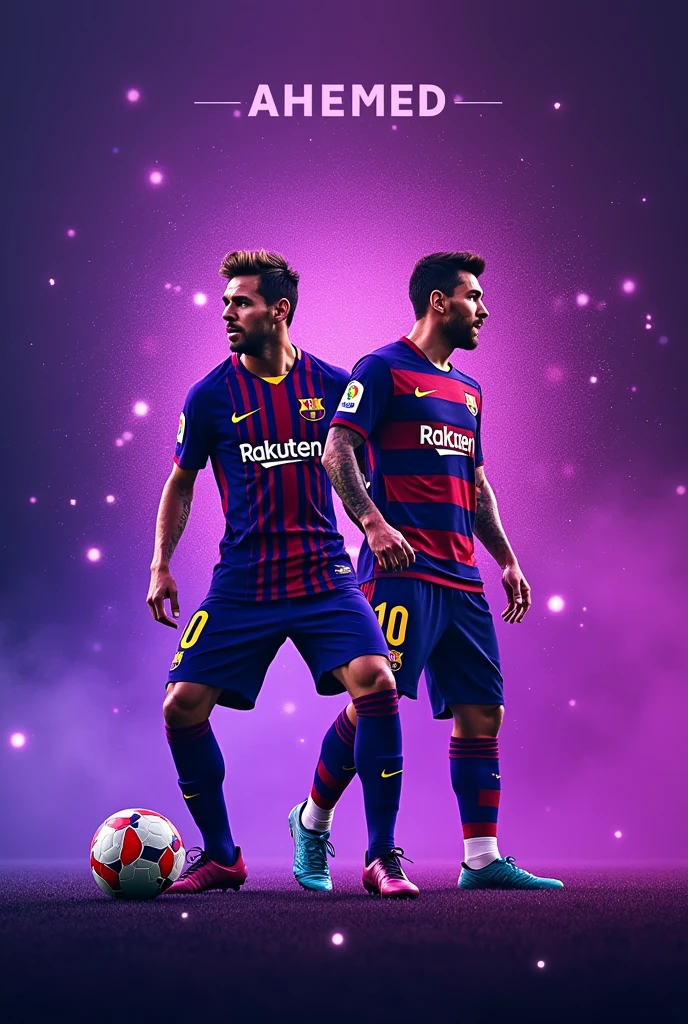 Generate a banner of the footballer Neymar and Messi and put them on the left side of Messi. with a purple background and purple sparkles that says AHMED in the middle of the banner