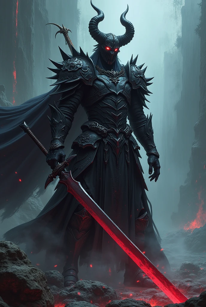 A guy wearing a blood long sword with anime hellhound armor with mask