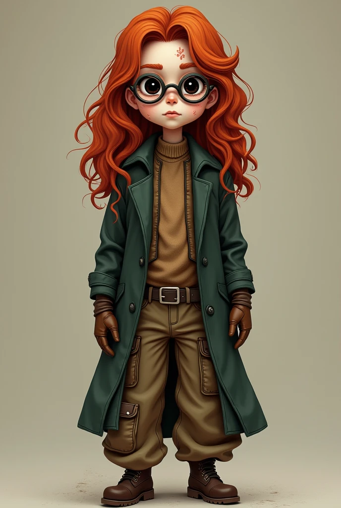 A boy with long red hair, soft and curly in texture. Eyes black as emptiness, seeming to not even have any shine, the left pupil having the shape of a spiral. pale and freckled skin, with some cuts and scars spread all over his body. Thin and ambiguous body, does not contain many muscles, 5'0 tall. Wears wide pants with several pockets, steampunk style, with a brown wool sweater and a dark green loose coat, and on his head rounded steampunk glasses, also using old brown gloves.