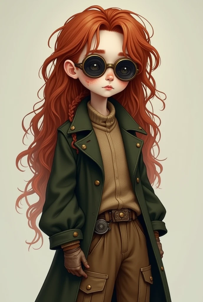 A boy with long red hair, soft and curly in texture. Eyes black as emptiness, seeming to not even have any shine, the left pupil having the shape of a spiral. pale and freckled skin, with some cuts and scars spread all over his body. Thin and ambiguous body, does not contain many muscles, 5'0 tall. Wears wide pants with several pockets, steampunk style, with a brown wool sweater and a dark green loose coat, and on his head rounded steampunk glasses, also using old brown gloves.