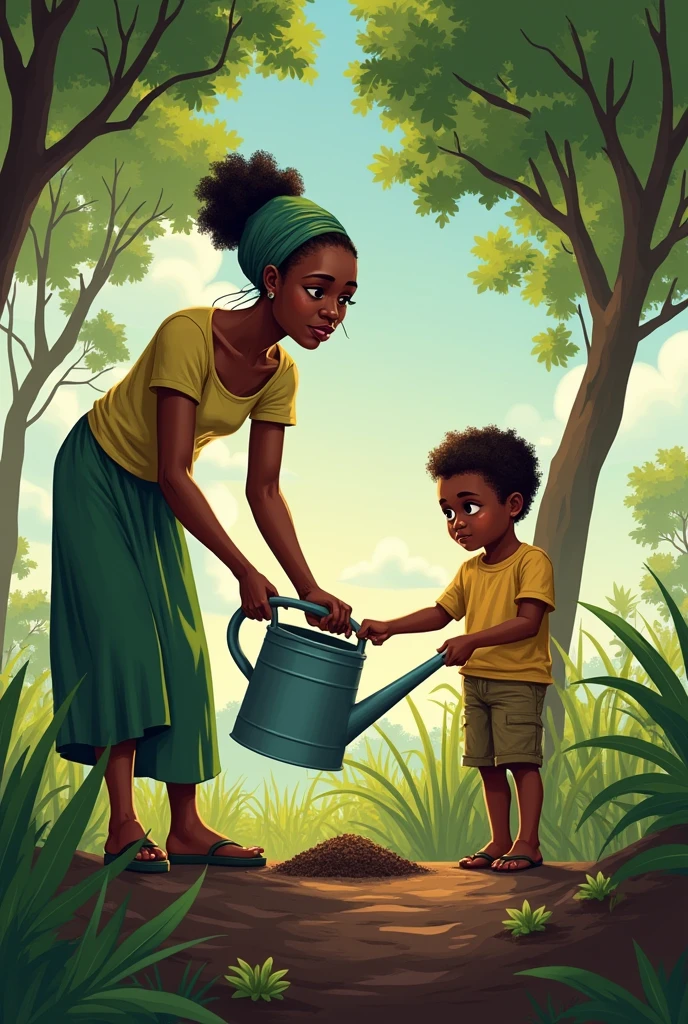 African women watering trees with her  boy 