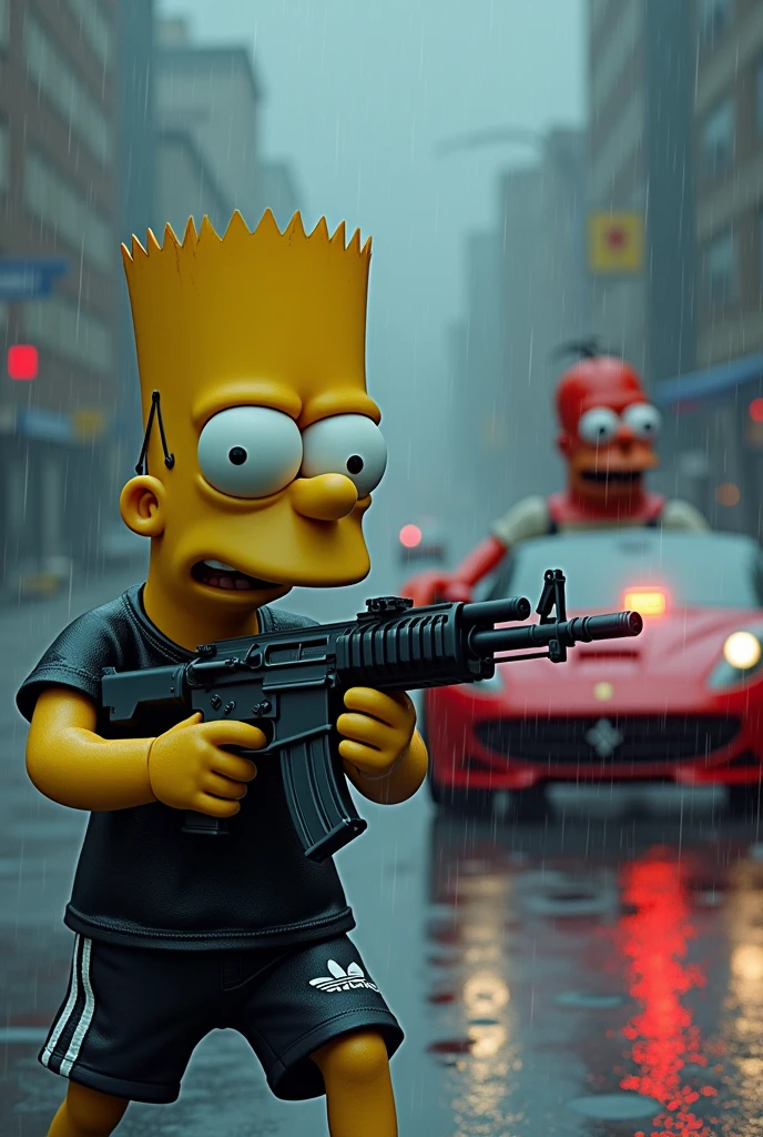 Bart dressed in black Adidas shooting Mr. Krabs with an AK47 while he escapes in a Ferrari while it rains 