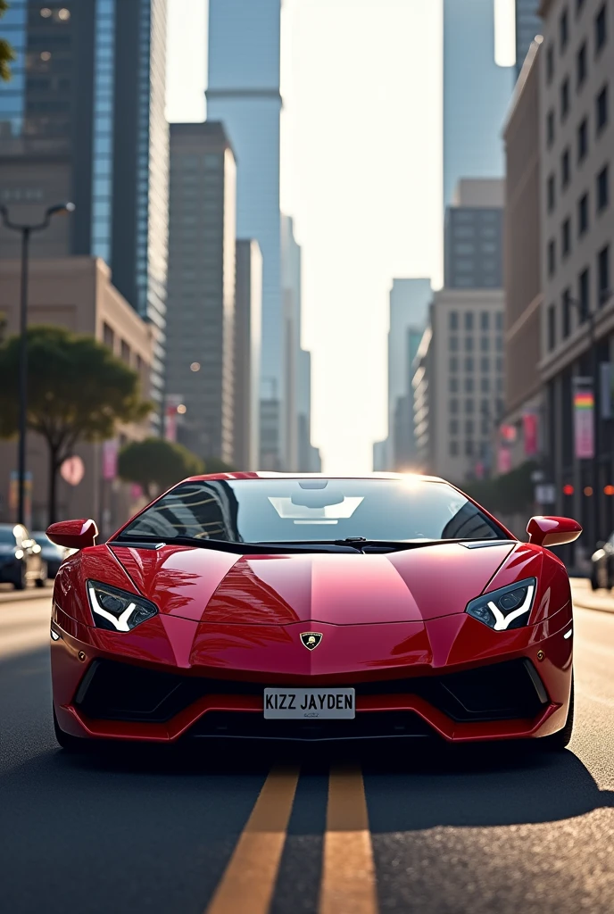 create an amazing red lamborghini car,with a plate number written Kizz Jayden