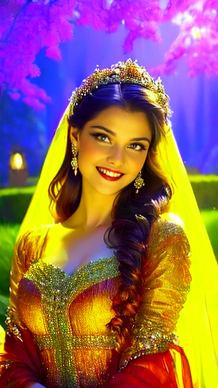 (a beautiful woman in a stunning gown of flowing silk with a radiant smile and captivating eyes),vibrant colors,highres,ultra-detailed,sharp focus,soft lighting,realistic,fantasy-inspired,portraits,subtle color palette,ethereal glow,fairytale,graceful,pastel shades,enchanted garden,lovely flowers,twinkling lights,whimsical ambiance