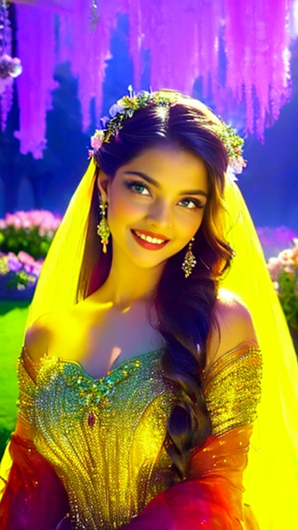 (a beautiful woman in a stunning gown of flowing silk with a radiant smile and captivating eyes),vibrant colors,highres,ultra-detailed,sharp focus,soft lighting,realistic,fantasy-inspired,portraits,subtle color palette,ethereal glow,fairytale,graceful,pastel shades,enchanted garden,lovely flowers,twinkling lights,whimsical ambiance