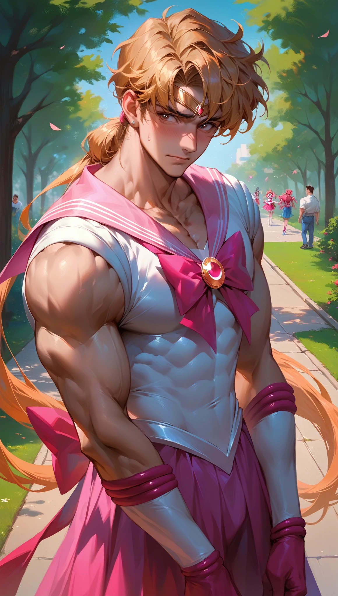 A handsome, tall, muscular man, mature male, in a park close to a sakura tree, viewed from his front, wearing a cute tight pink magical girl sailor moon dress, embarrassed expression, ((make his face more masculine))