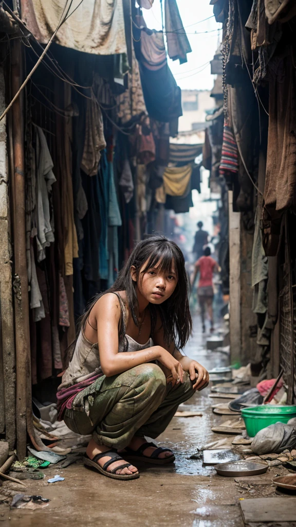 Highest quality realistic photos, Skin Texture, Hair texture, A girl crouching down in ragged and very dirty clothes, Asian slums, Beautiful Face, Dirty body, clothes and hair