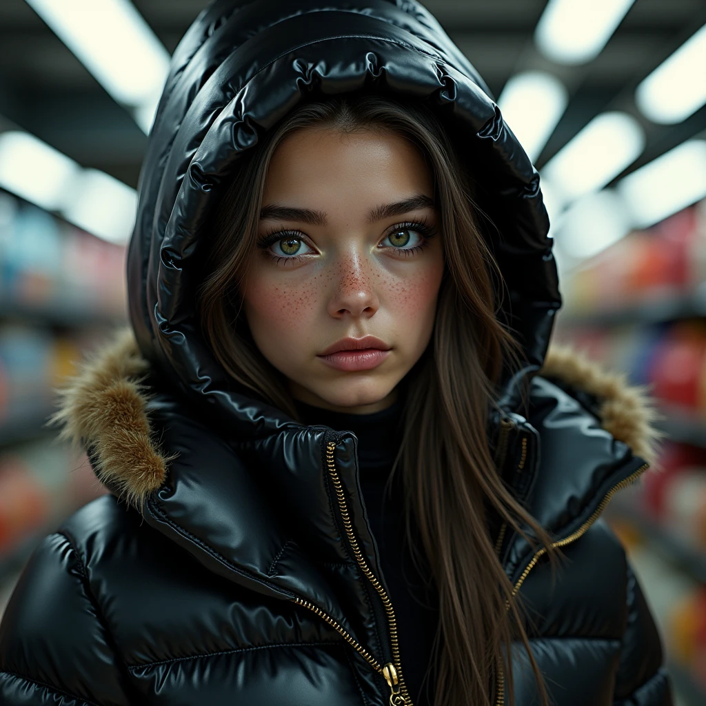 complete portrait of a slim ponytail girl,beautiful detailed eyes,beautiful freckles,beautiful detailed lips,extremely detailed eyes and face,longeyelashes,in beautiful detailed hooded formfitting duvetica overfilled shiny super gleamy super thick glossy opened puffer jacket covering her zipped super padded vest,latex stirrup legging,symmetrical,standing in a pufferstore,masterpiece,cinematic,lifelike,hyperrealistic,8k,photorealistic,highly detailed,intricate,exquisite,elegant,beautiful,stunning, full body photo