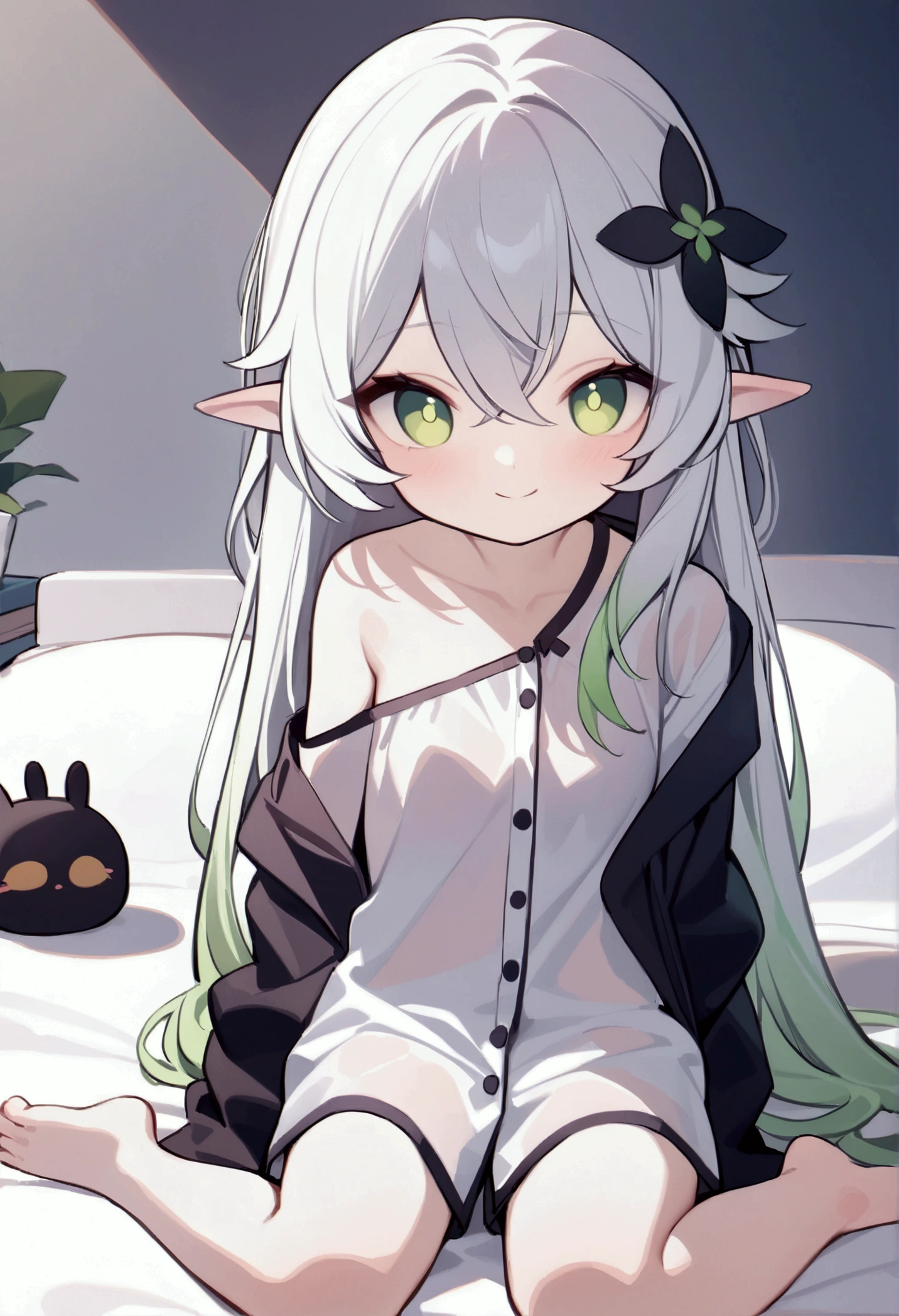 (masterpiece), (best quality), illustration, Extremely detailed, HDR, Depth of Field, (rich and colorful),artist:Chen Bin,artist:Tianliang Duohe Fangdongye,[[artist:WLOP]],artist:ask (askzy), 1girl, Solitary, Long hair, (small_girl:1.2),(small:1.1),bright_student,1girl, Solitary, ,elf girl,Pointy_ear, Smile,(Red Cliff:0.1), White hair,Green Hair,Green Eyes,symbol-shaped student, Bangs, breast,cross-shaped student, Hair accessories, Gradient hair, Nashida (Genshin Impact),living room, Duck sitting, Sitting on the bed,Plush Toys,Rabbit toys,Black Cat,Books on the bed,pajamas,See through clothes,Show one shoulder,barefoot,
