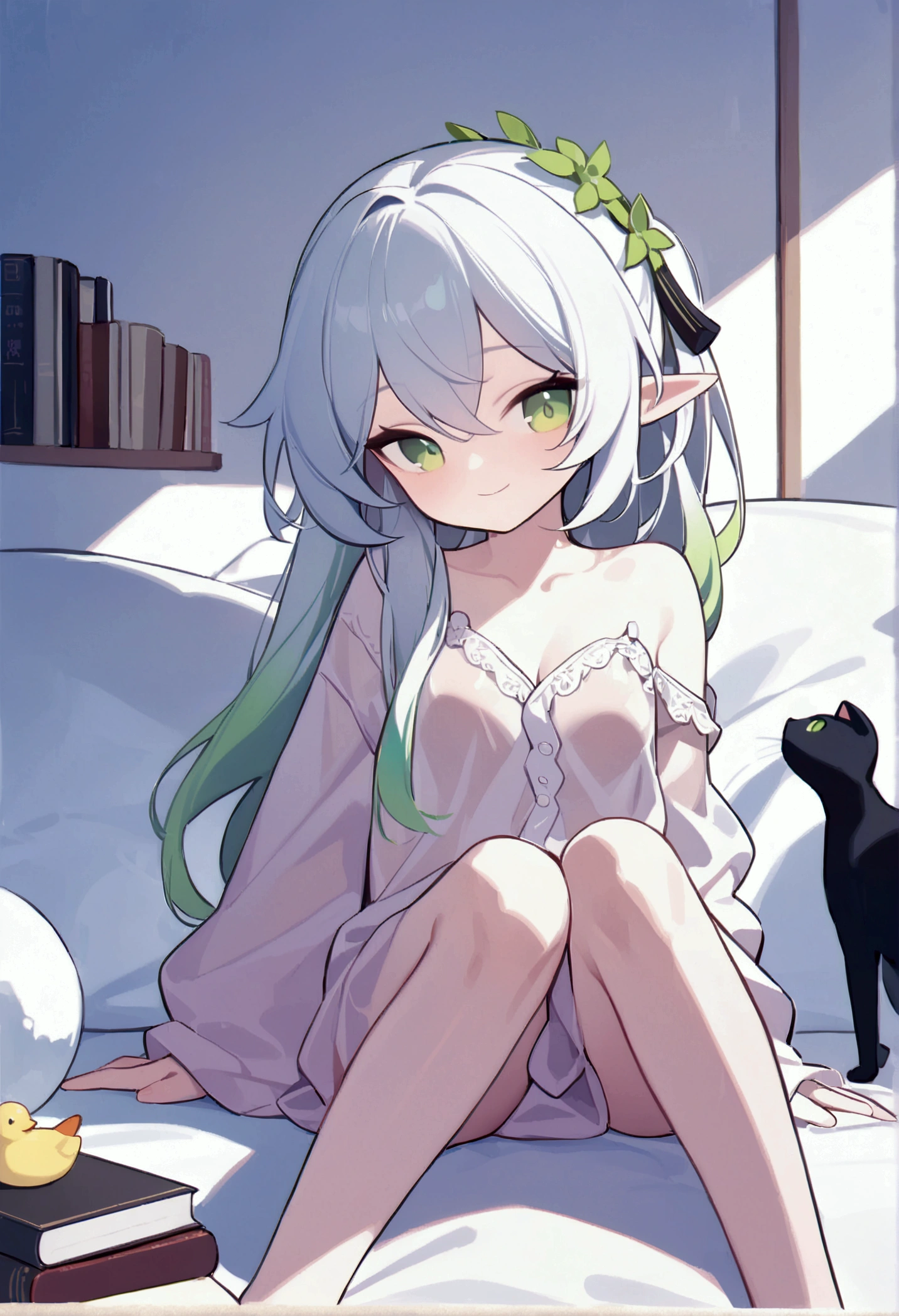 (masterpiece), (best quality), illustration, Extremely detailed, HDR, Depth of Field, (rich and colorful),artist:Chen Bin,artist:Tianliang Duohe Fangdongye,[[artist:WLOP]],artist:ask (askzy), 1girl, Solitary, Long hair, (small_girl:1.2),(small:1.1),bright_student,1girl, Solitary, ,elf girl,Pointy_ear, Smile,(Red Cliff:0.1), White hair,Green Hair,Green Eyes,symbol-shaped student, Bangs, breast,cross-shaped student, Hair accessories, Gradient hair, Nashida (Genshin Impact),living room, Duck sitting, Sitting on the bed,Plush Toys,Rabbit toys,Black Cat,Books on the bed,pajamas,See through clothes,Show one shoulder,barefoot,