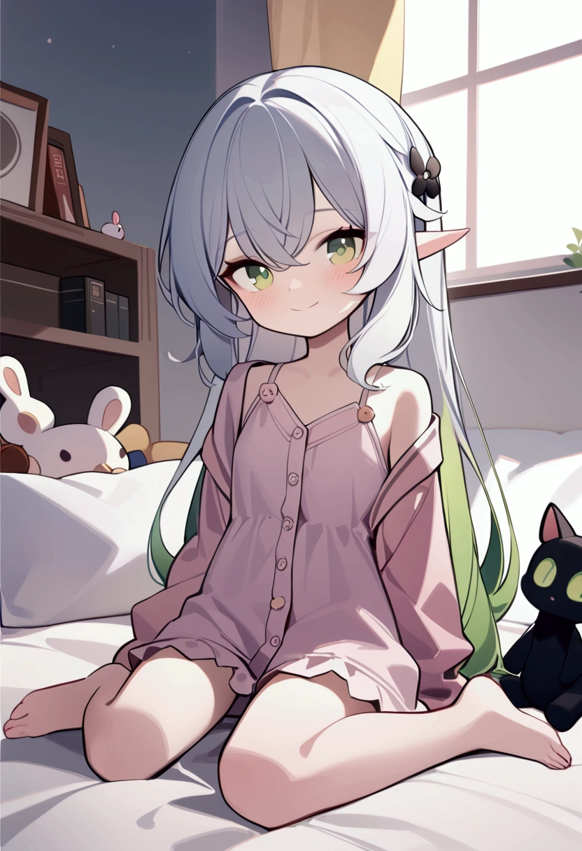 (masterpiece), (best quality), illustration, Extremely detailed, HDR, Depth of Field, (rich and colorful),artist:Chen Bin,artist:Tianliang Duohe Fangdongye,[[artist:WLOP]],artist:ask (askzy), 1girl, Solitary, Long hair, (small_girl:1.2),(small:1.1),bright_student,1girl, Solitary, ,elf girl,Pointy_ear, Smile,(Red Cliff:0.1), White hair,Green Hair,Green Eyes,symbol-shaped student, Bangs, breast,cross-shaped student, Hair accessories, Gradient hair, Nashida (Genshin Impact),living room, Duck sitting, Sitting on the bed,Plush Toys,Rabbit toys,Black Cat,Books on the bed,pajamas,See through clothes,Show one shoulder,barefoot,