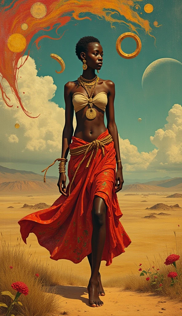 Yansa (female African goddess), ((Full body)), (((short hair or hairless))), stunning face , red, beige, and white clothes, (((tribal artifacts))), (((golden tatoo tribal))), Hard storming and wind effects, Paul Klee style, surreal masterpiece, octane rendering, focus, colorful background, detailed, intricate details, rich colors, barefoot, dynamic pose
