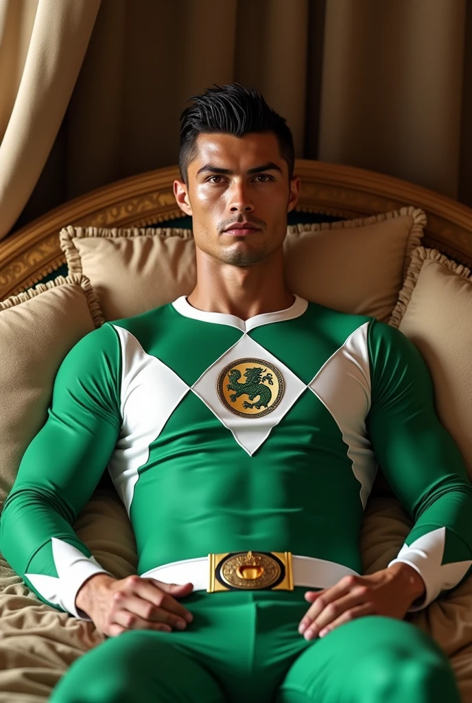 Cristiano Ronaldo, traje del green ranger mighty morphin (without helmet) lying on a bed 
