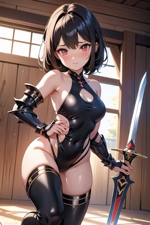 a bit, Warrior Girl, Black high leg swimsuit, sword,armor、