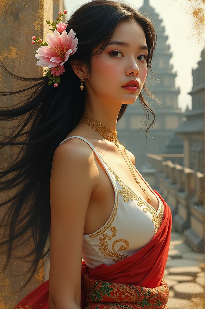 abstract light and shiny, gold and ink painting, full body view, long flowering hair adorned with flowers, Cambodian beauty, white tank top embroidered with gold filament, red sarong with Khmer patterns red and green , minimalist, abstract old Khmer temple in gold-gray painting background, gold kintsugi and splash effects, realistic textures.