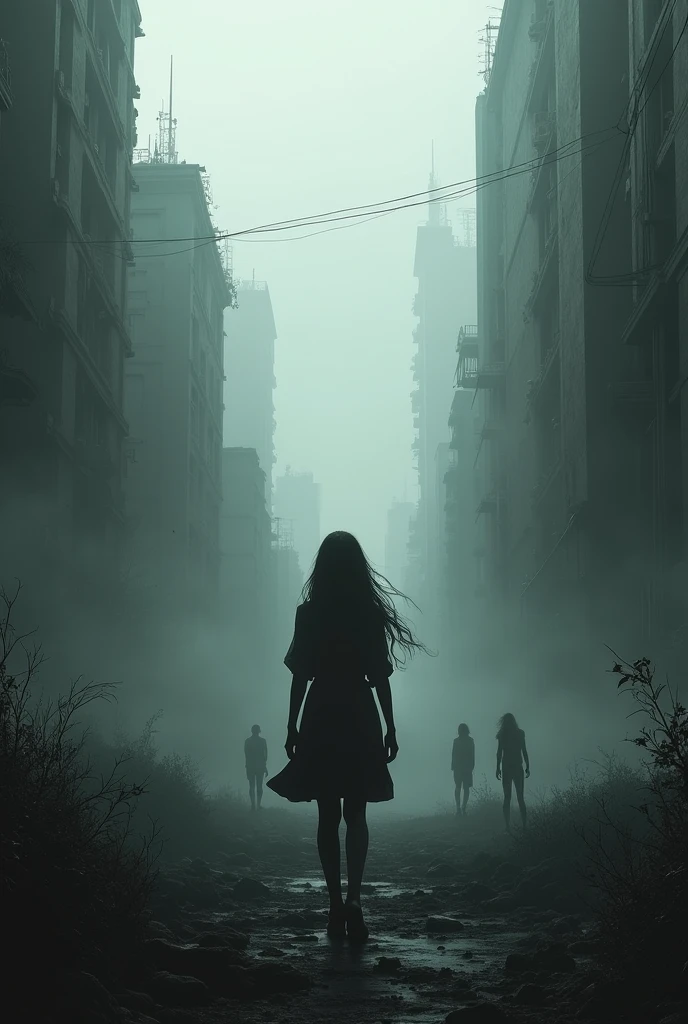 I want a photo of a destroyed city with the color black with fog with the character she has long hair in front 4 people behind her little vegetation
