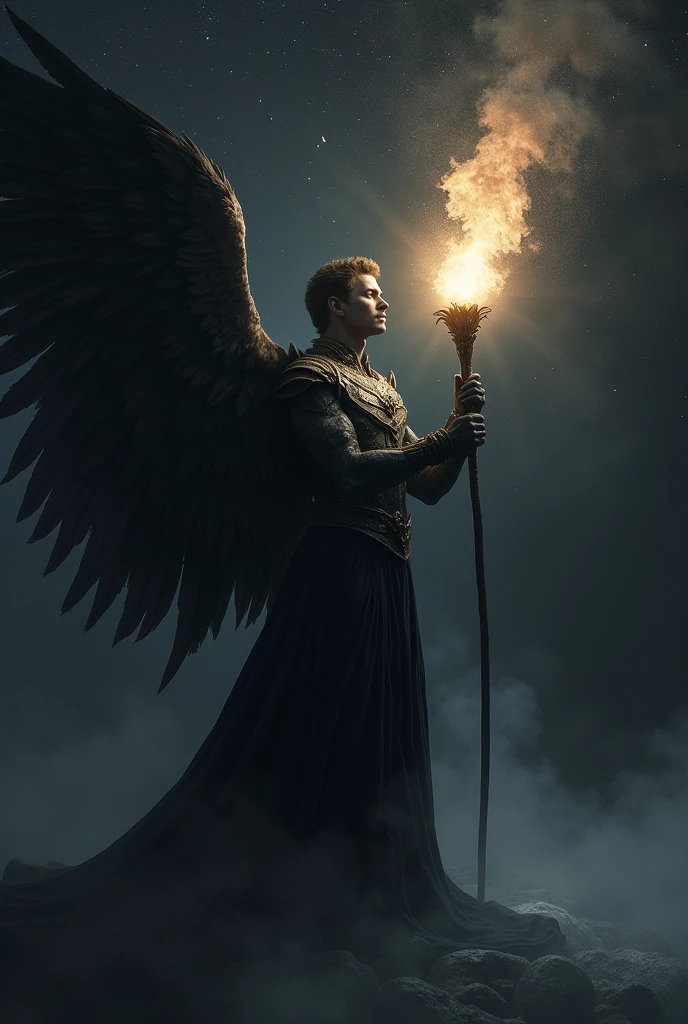 Lucifer holding the torch of light in the darkness in the void of interstellar space , dark appearance 