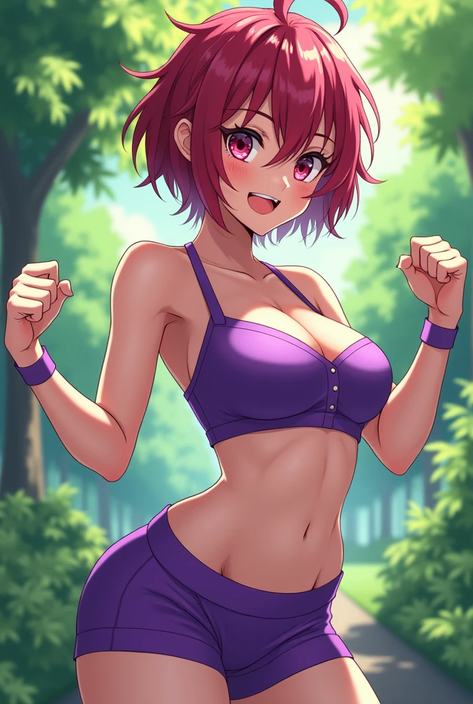 short hair, anime, messy hair, ahoge, reddish wine eyes, reddish wine hair, 
purple exercise clothes, park, ahegao, sexy pose, medium breasts, smile, gamer, vtuber, 