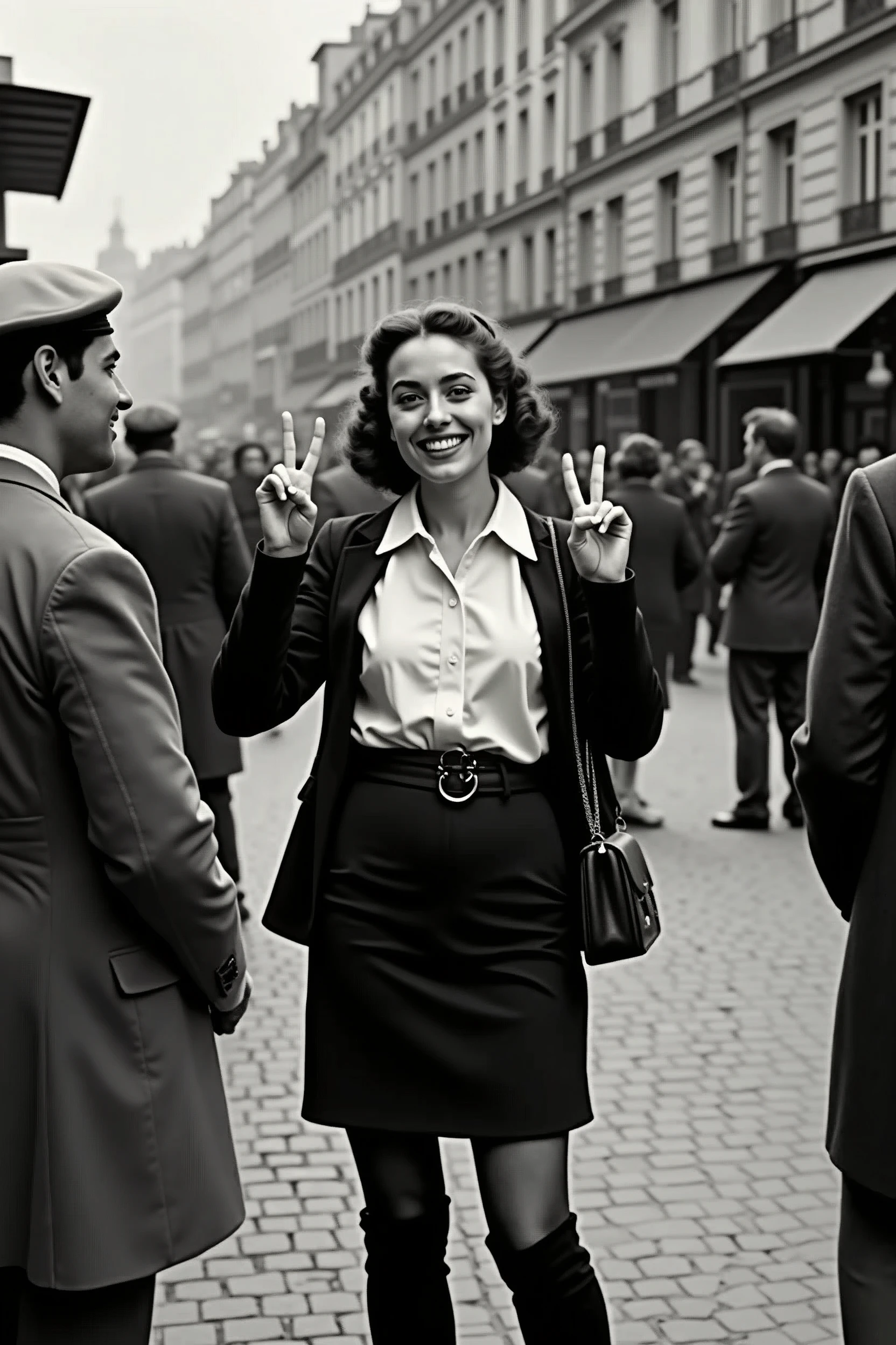 monochrome film, Monotone color ,1944 years, Liberation of Paris、Happy Crowd、 A Parisian girl , 21 years-old, beautiful girl, （big smile), make V sign,  1 bag, on street ,in Paris cafe, standing pose, around Paris people with French frag, noon
(Surrealism, UHD, masterpiece, retina, accurate, anatomically correct, super detail, high details, high quality, best quality, highres, 4K)