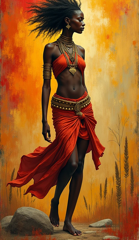 Yansa (female African goddess), ((Full body)), (((short hair or hairless))), stunning face , red, beige, and white clothes, (((tribal artifacts))), (((golden tatoo tribal))), Hard storming and wind effects, Paul Klee style, surreal masterpiece, octane rendering, focus, colorful background, detailed, intricate details, rich colors, barefoot, (dynamic pose)
