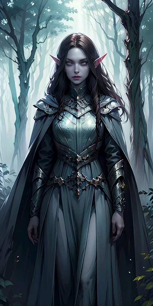 masterpiece, best quality, CG, wallpaper, HDR, high quality, high-definition, extremely detailed, bard dress, white skin, dark hair, elf, pale skin, grey skin, pointy ears, cape,  looking at viewer, 1girl, forest, dark forest, mythical forest, dimmed light, White eyes, long hair, bard, bard character