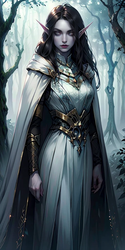 masterpiece, best quality, CG, wallpaper, HDR, high quality, high-definition, extremely detailed, bard dress, white skin, dark hair, elf, pale skin, grey skin, pointy ears, cape, looking at viewer, 1girl, forest, dark forest, mythical forest, dimmed light, White eyes, long hair, bard, bard character